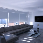 Roller Blinds are depicted in a living space for light dimming within the space. This project showcases one of the many projects completed by unique blinds in Sydney.