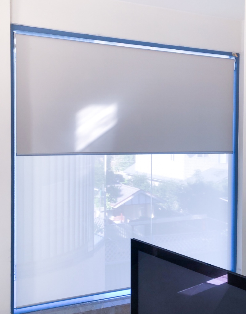 Dual roller blinds are being showcased in a smaller living area to depict how the blinds can be used to diffuse and reduce the lighting in an area.